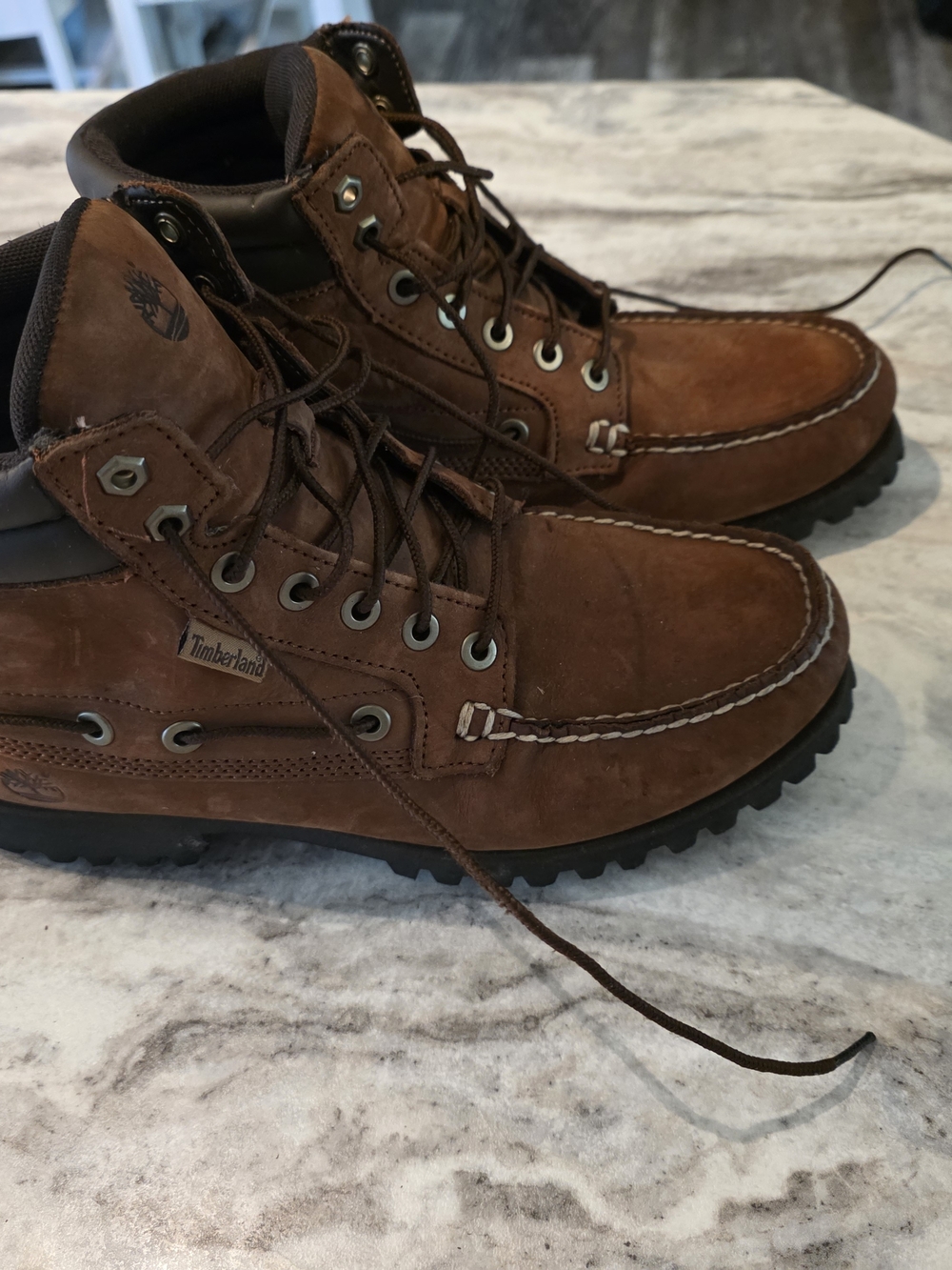 Timberland Oakwell 7 Eye Moc Toe Boots Mens 8 M Brown Leather Lug Shoes.
